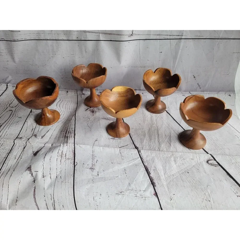 Set Of 5 Vintage Teakwood Pedestal Dessert Servers cups Boho Style Tropic Summer